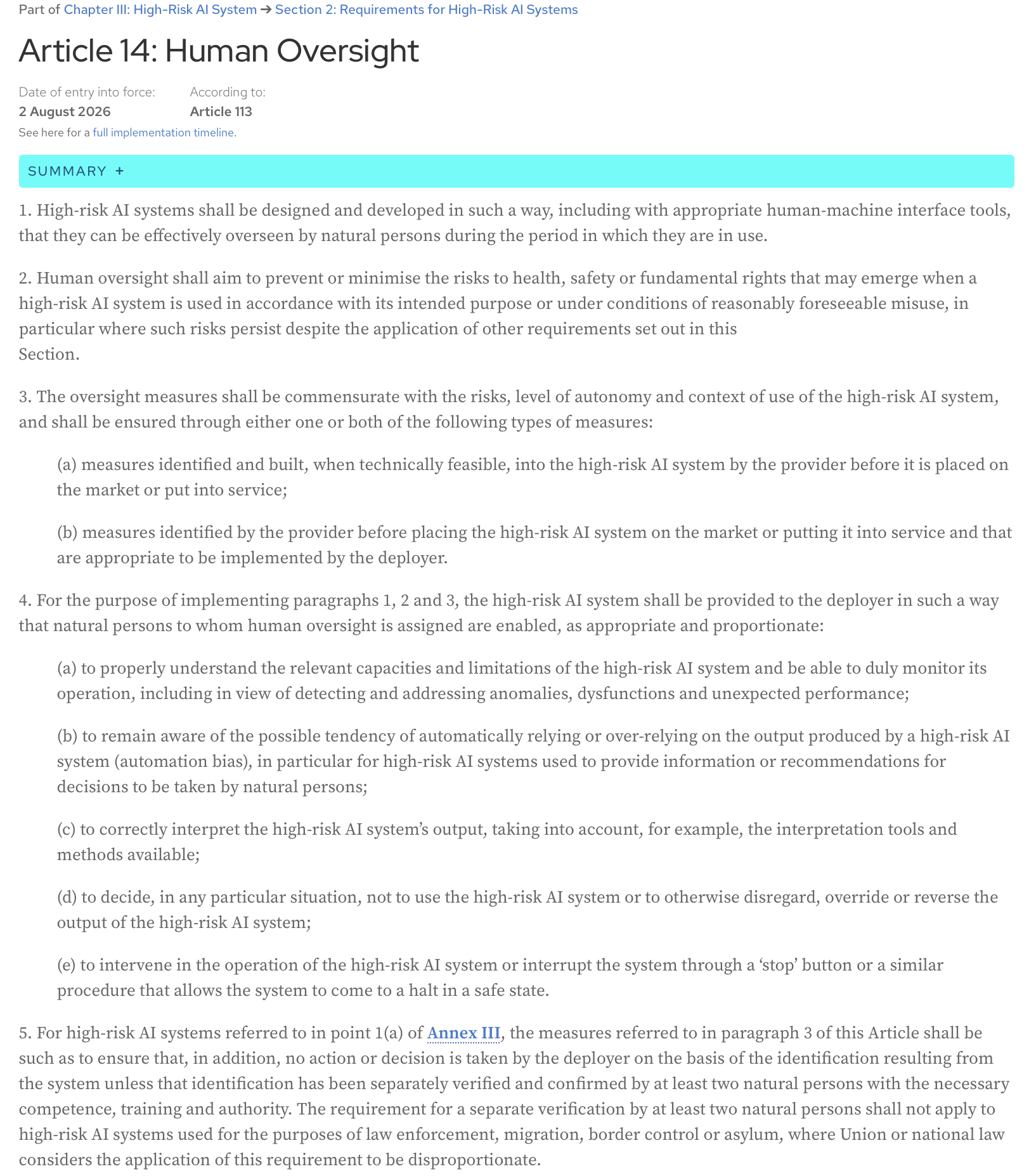 Art.14 of the AI act